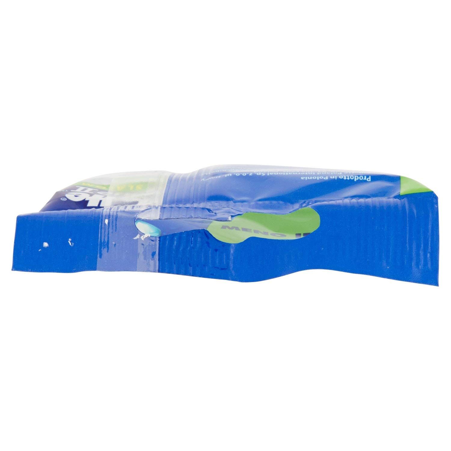 Vista dall'alto della confezione. Confezione blu con dettagli verdi. Nome del prodotto Gillette Blue II Slalom. Bordi sigillati.