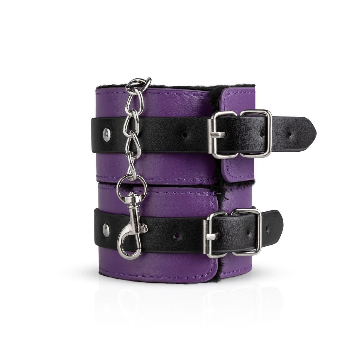 Manette. Pelle viola, cinturini neri con fibbie. Fodera in pelliccia. Catena con moschettone.