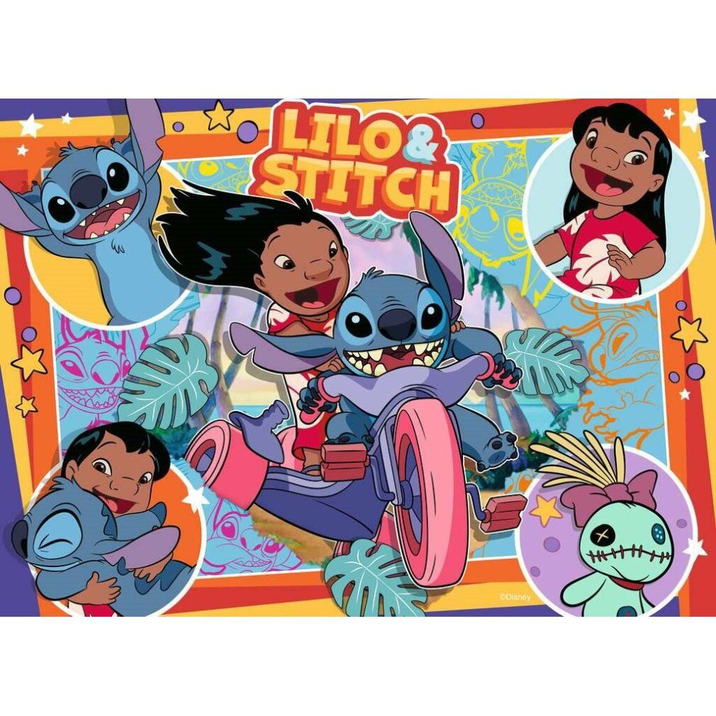 Puzzle Lilo e Stitch. Lilo e Stitch in moto. Sfondo con palme e stelle. Colori: arancione, giallo, blu.