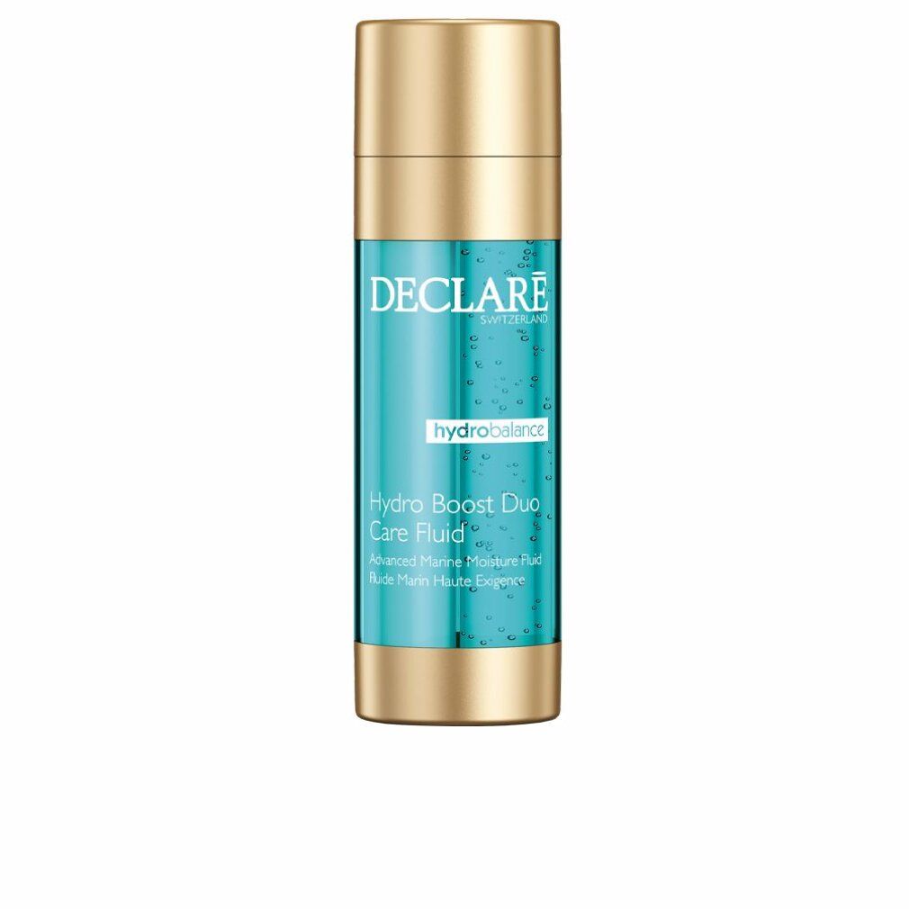 Flacone cilindrico con tappo e base dorati. Contenuto turchese. Scritte: DECLARE, hydrobalance, Hydro Boost Duo Care Fluid.