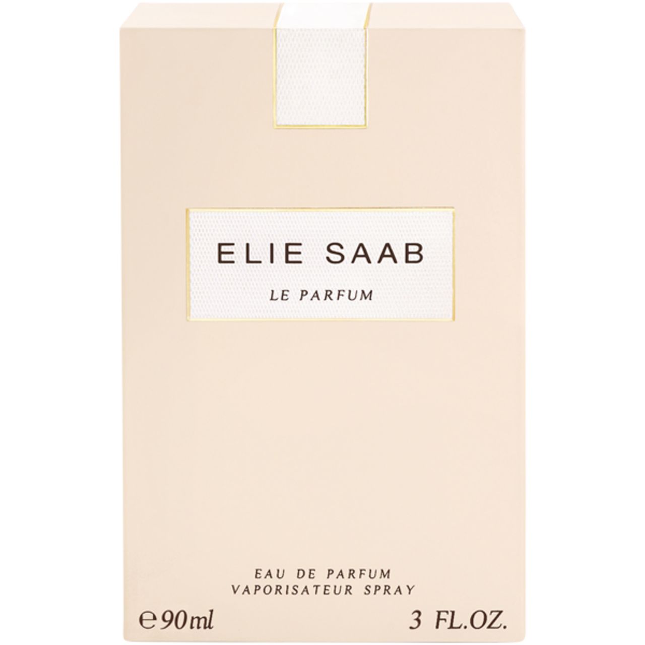 Confezione beige con scritta ELIE SAAB LE PARFUM. In basso: Eau de Parfum, Vaporisateur Spray, 3 FL.OZ., e90ml.
