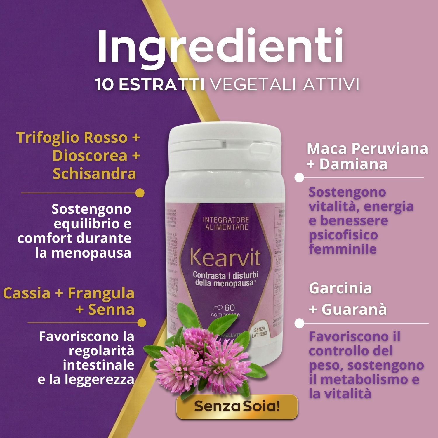 Flacone di pillole con ingredienti. Scritta: Kearvit, Integratore alimentare. Testo: 10 Estratti Vegetali Attivi.
