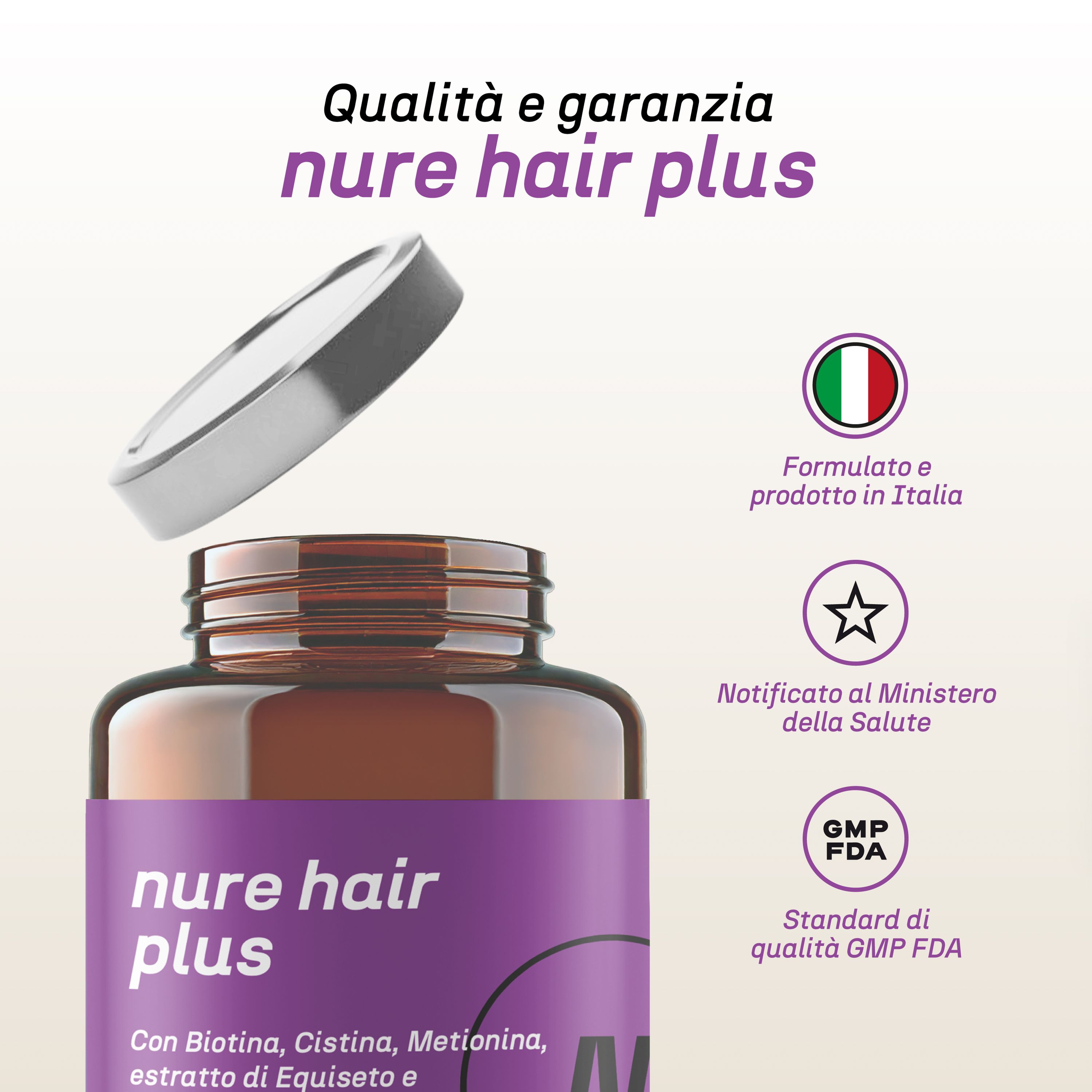 NURE Hair Plus 60 cps da 600 mg | Integratore capelli forti e sani, integratore capelli donna, uomo