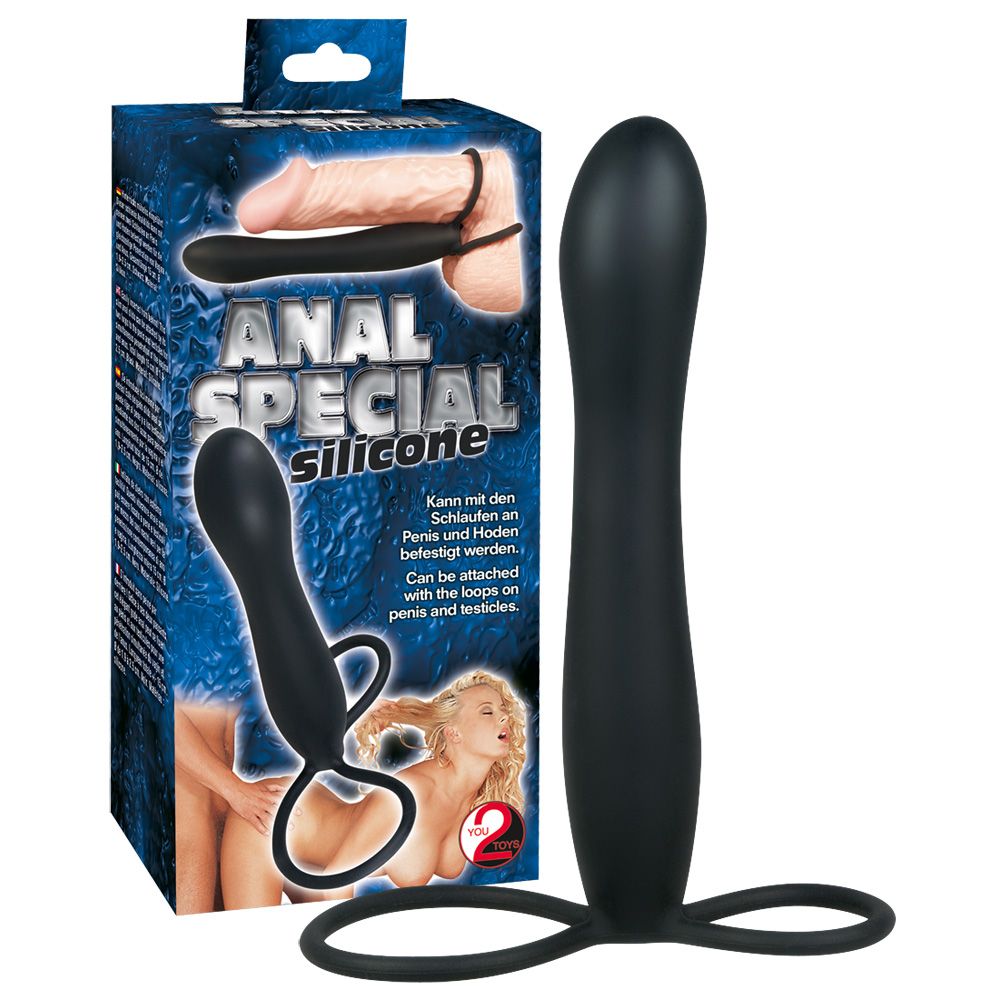 Prodotto in confezione. Prodotto in silicone nero, forma allungata, due anelli. Testo: ANAL SPECIAL silicone.