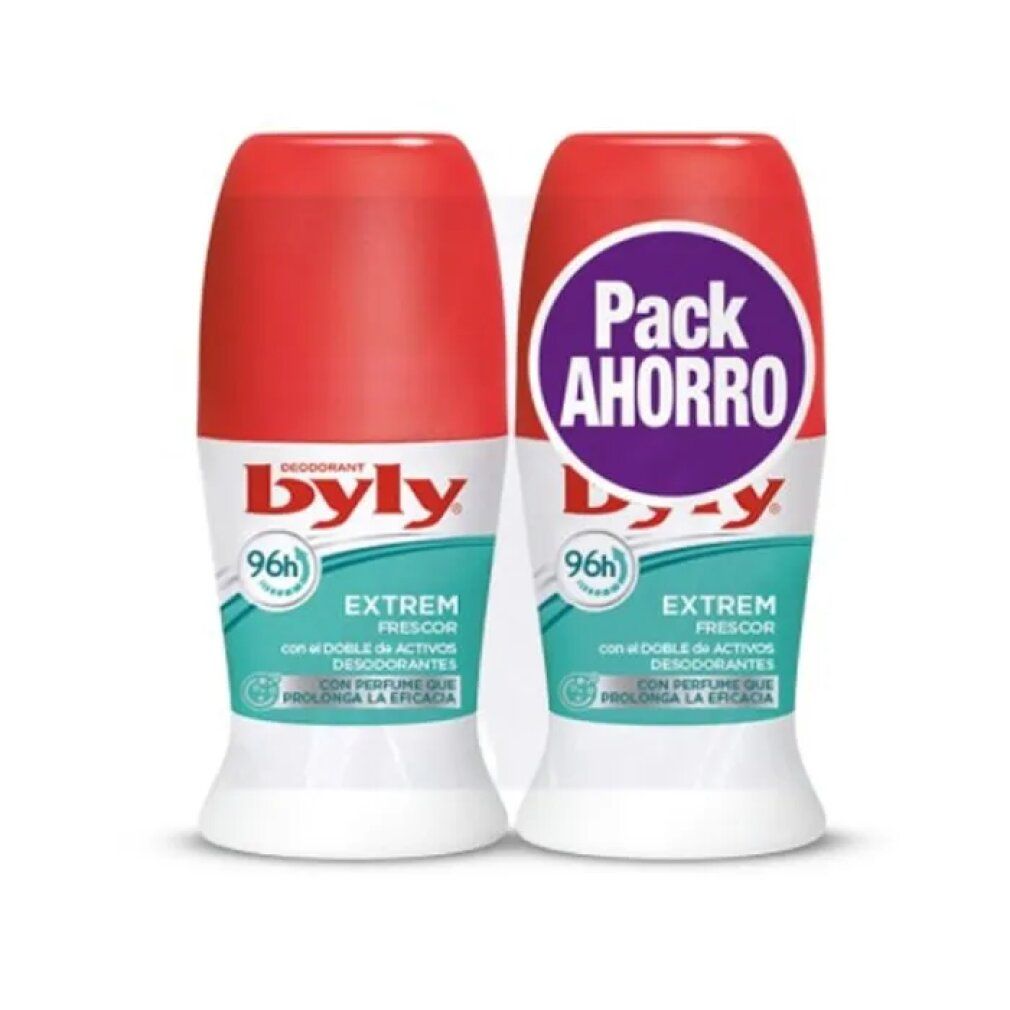 Due deodoranti roll-on. Tappi rossi, base bianca, etichette turchesi e bianche. Scritta: Byly, Extrem Frescor, 96h. Confezione.