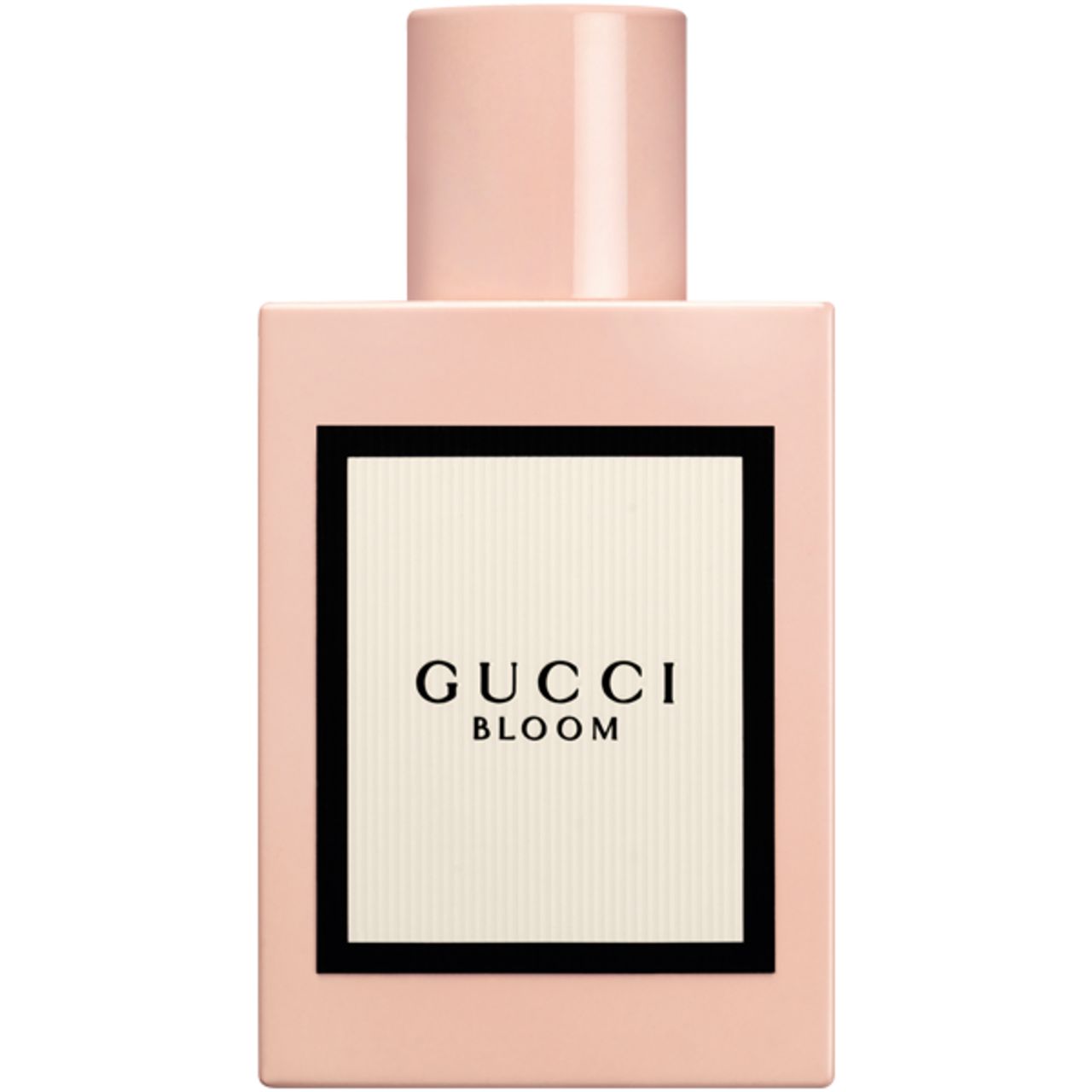 Flacone rosa con etichetta bianca e cornice nera. Sull'etichetta: Gucci Bloom. Tappo rosa.
