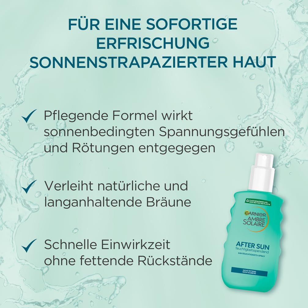 Spray doposole Garnier Ambre Solaire verde. Testo: Per un'immediata rinfrescata della pelle dopo il sole. Formula curativa, abbronzatura naturale, azione rapida.