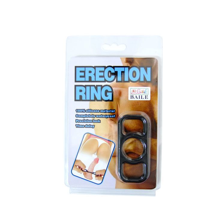 Confezione con anello in silicone nero. Testo: ERECTION RING, BAILE. Illustrazione del prodotto e caratteristiche.