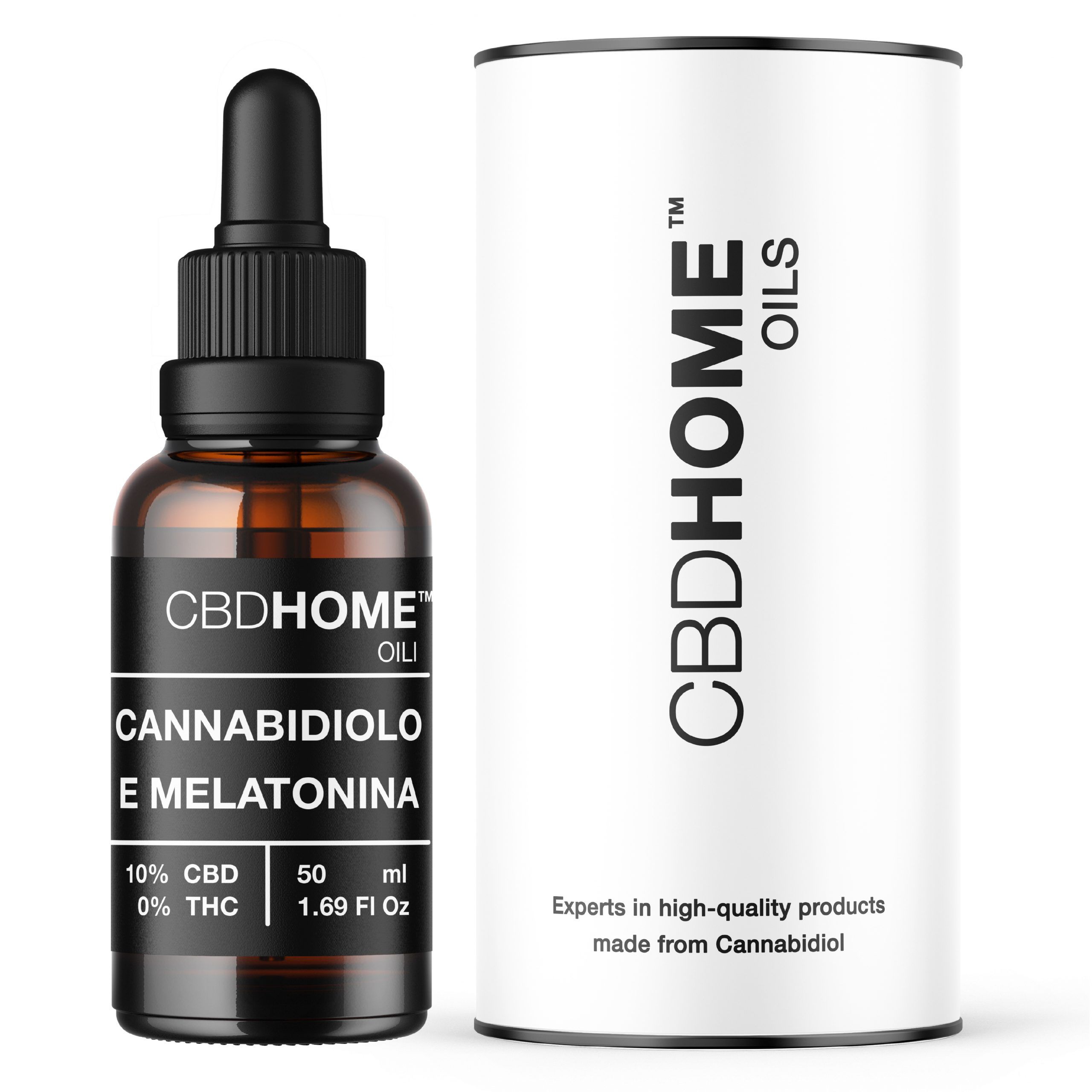 Flacone di olio CBDHOME con contagocce e confezione esterna. Contiene cannabidiolo e melatonina.