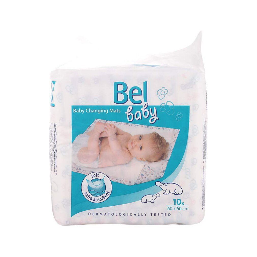 Confezione di materassini per il cambio Bel Baby. Dieci pezzi, 60x60cm. Morbido ed extra assorbente. Dermatologicamente testato. Bambino sulla confezione.