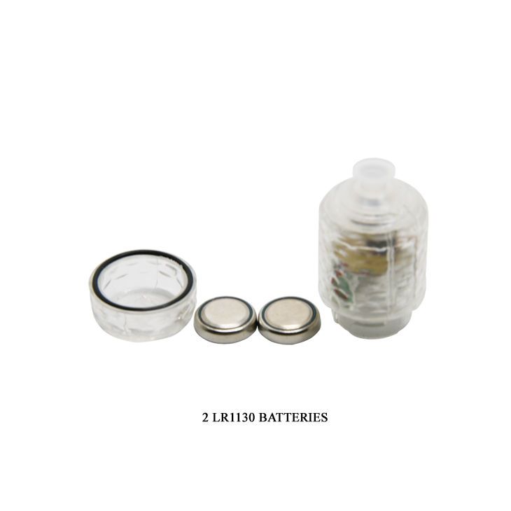 Due batterie a bottone LR1130 e un contenitore trasparente.