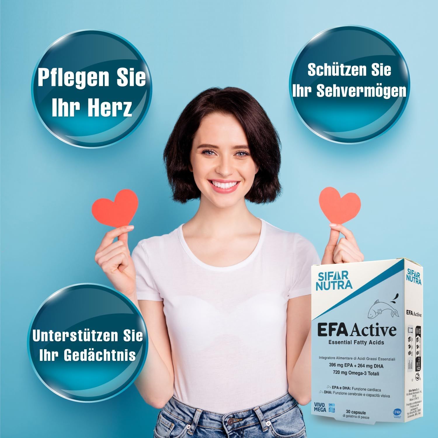 Donna con cuori e confezione del prodotto. Testo: Prendi cura del tuo cuore, Proteggi la tua vista, Sostieni la tua memoria. EFA Active.