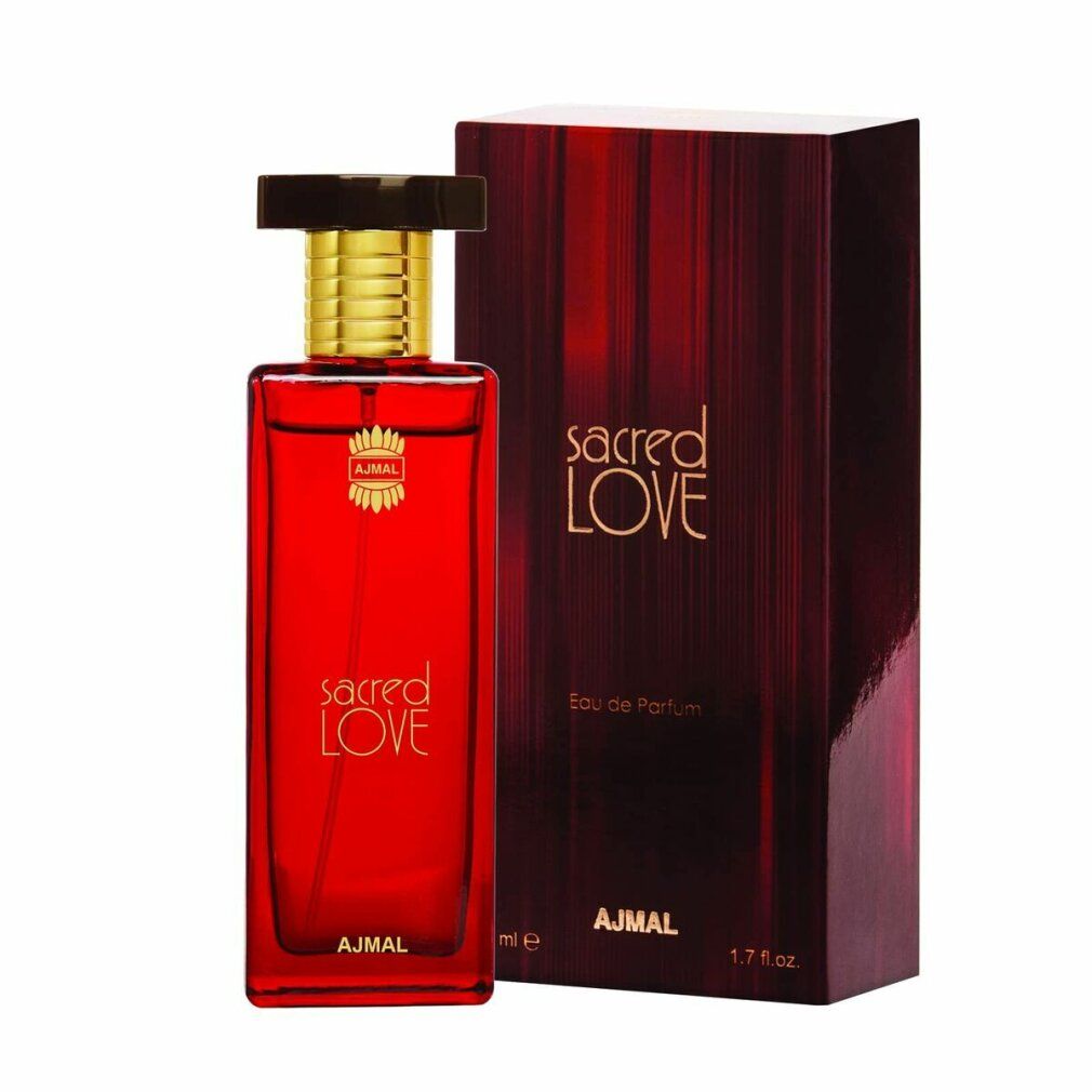 Flacone rosso e confezione. Scritta "sacred LOVE", "Eau de Parfum" e "AJMAL".