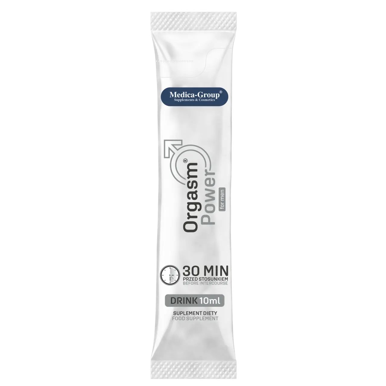 Busta "Orgasm Power for Men". Testo: "30 MINUTI PRIMA DEL RAPPORTO". Marca: Medica-Group. Drink 10ml.