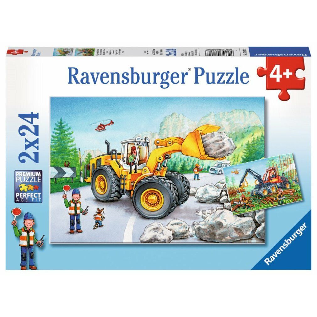 Scatola puzzle Ravensburger 2x24 pezzi. Immagine di escavatore giallo su strada, altri pezzi del puzzle. Consigliato dai 4 anni in su.