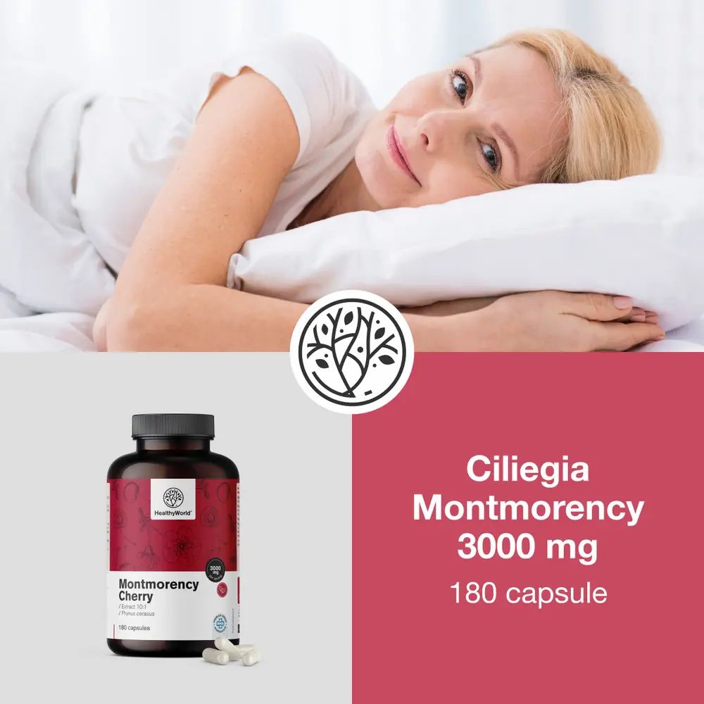 Ciliegia Montmorency 3000 mg, 180 capsule. Bottiglia del prodotto e testo "Sono sufficienti 2 capsule al giorno".