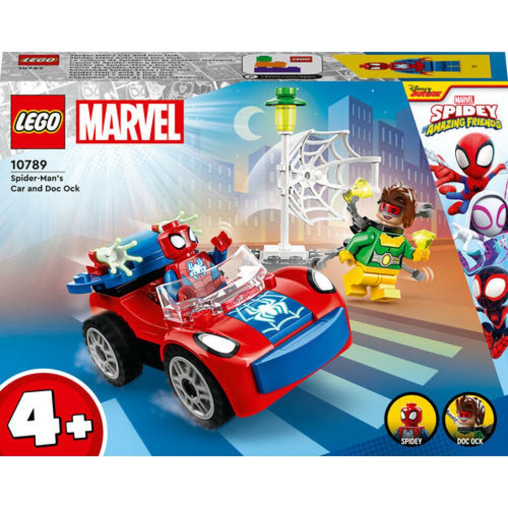 Set LEGO Marvel. Auto rossa con personaggio di Spidey. Doc Ock e logo Spidey. Età 4+. Confezione con motivi di Spidey.
