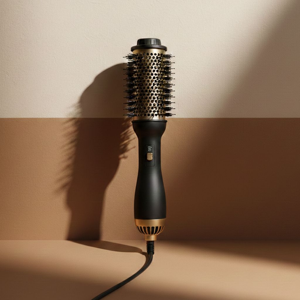 Spazzola elettrica per lo styling dei capelli, nera e dorata, con testina rotonda, appoggiata su un tavolo.