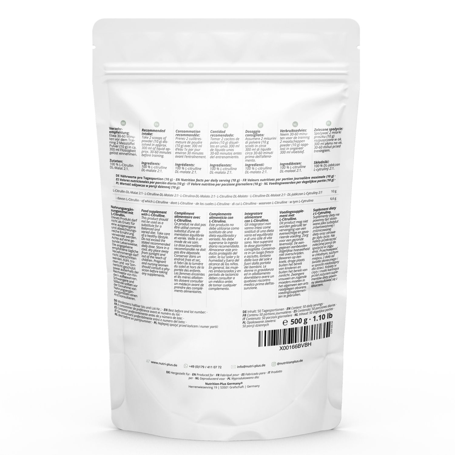 Certificati di sicurezza e trasparenza di nutri+ L-Citrullina. Analisi di laboratorio indipendenti.