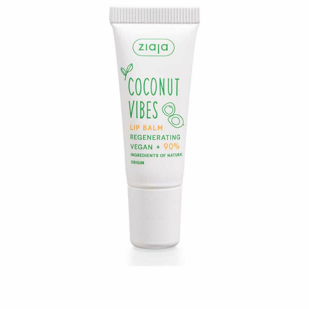 Tubo bianco con stampa verde. Scritta: Coconut Vibes, Lip Balm, Regenerating, Vegan + 90%. Marchio: Ziaja.