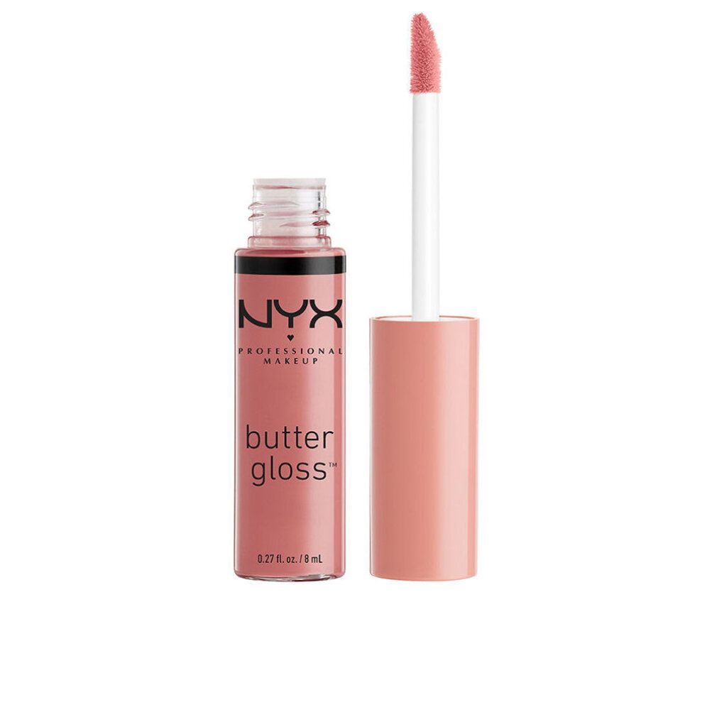 Tubo di lucidalabbra aperto con applicatore. Scritta: NYX Professional Makeup, Butter Gloss. Contenuto: 8 ml.