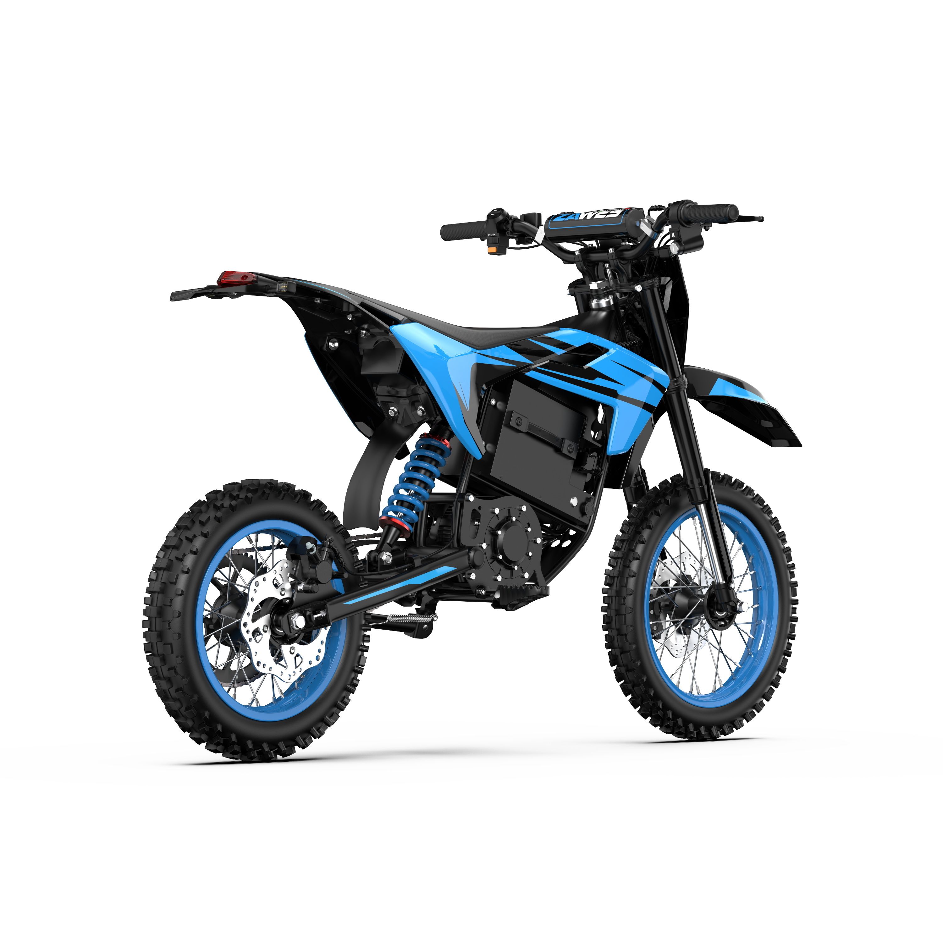 Moto cross elettrica nera e blu. Cerchi blu, pneumatici neri. Marchio "ZAWES" visibile.