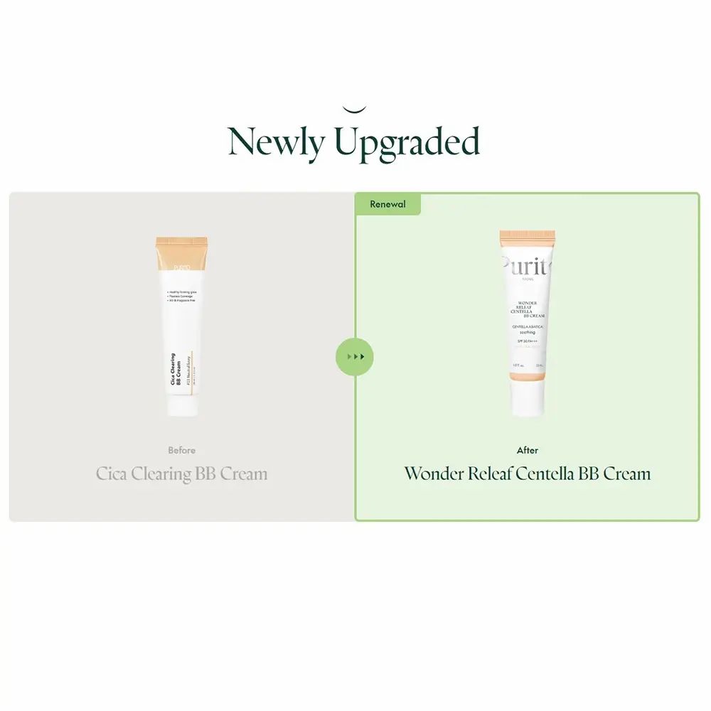 Confronto prima-dopo. Sinistra: Cica Clearing BB Cream. Destra: Wonder Releaf Centella BB Cream. Testo in inglese.