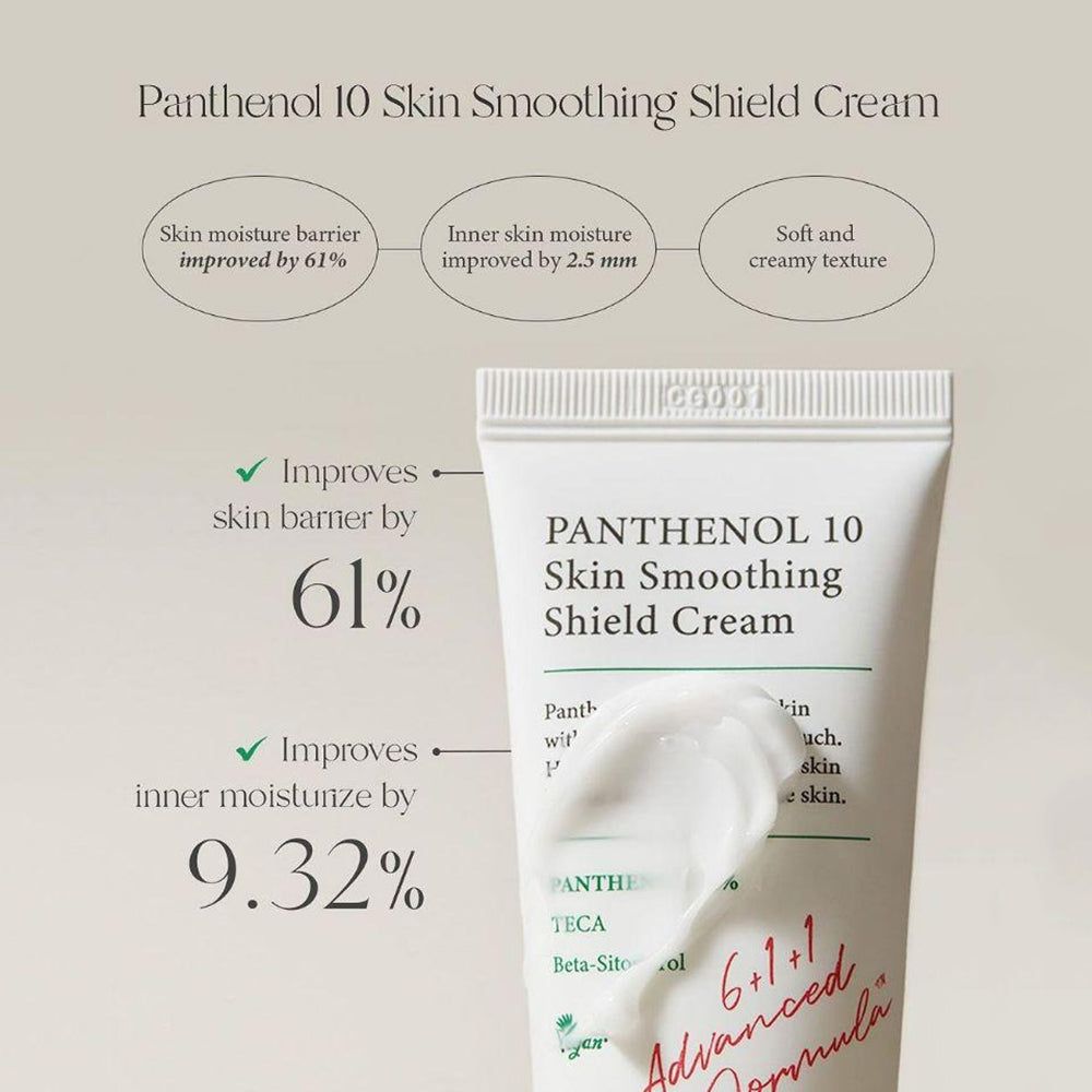 Grafico con testo e tubo 'Panthenol 10 Skin Smoothing Shield Cream'. Testo: 'Skin moisture barrier improved by 61%'