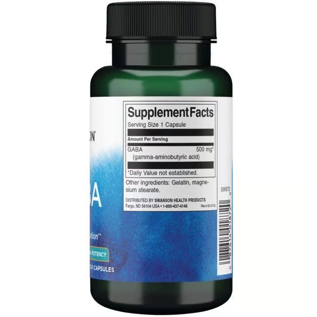 Retro del flacone verde. Scritta: Supplement Facts. GABA, 500 mg. Altri ingredienti: gelatina, magnesio stearato.