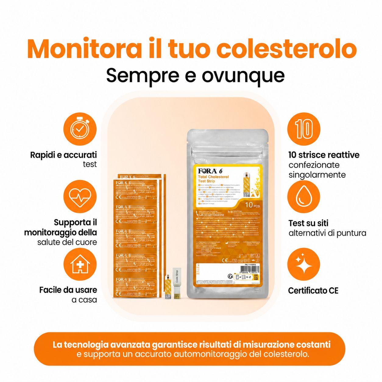 Strisce FORA 6 Colesterolo: 10 pezzi, certificate CE, per autovalutazione.