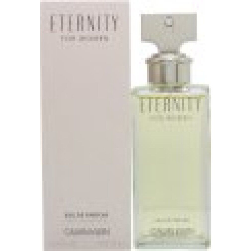 Flacone e confezione. Scritta "Eternity for Women" e "Calvin Klein". Flacone rettangolare con tappo argentato.