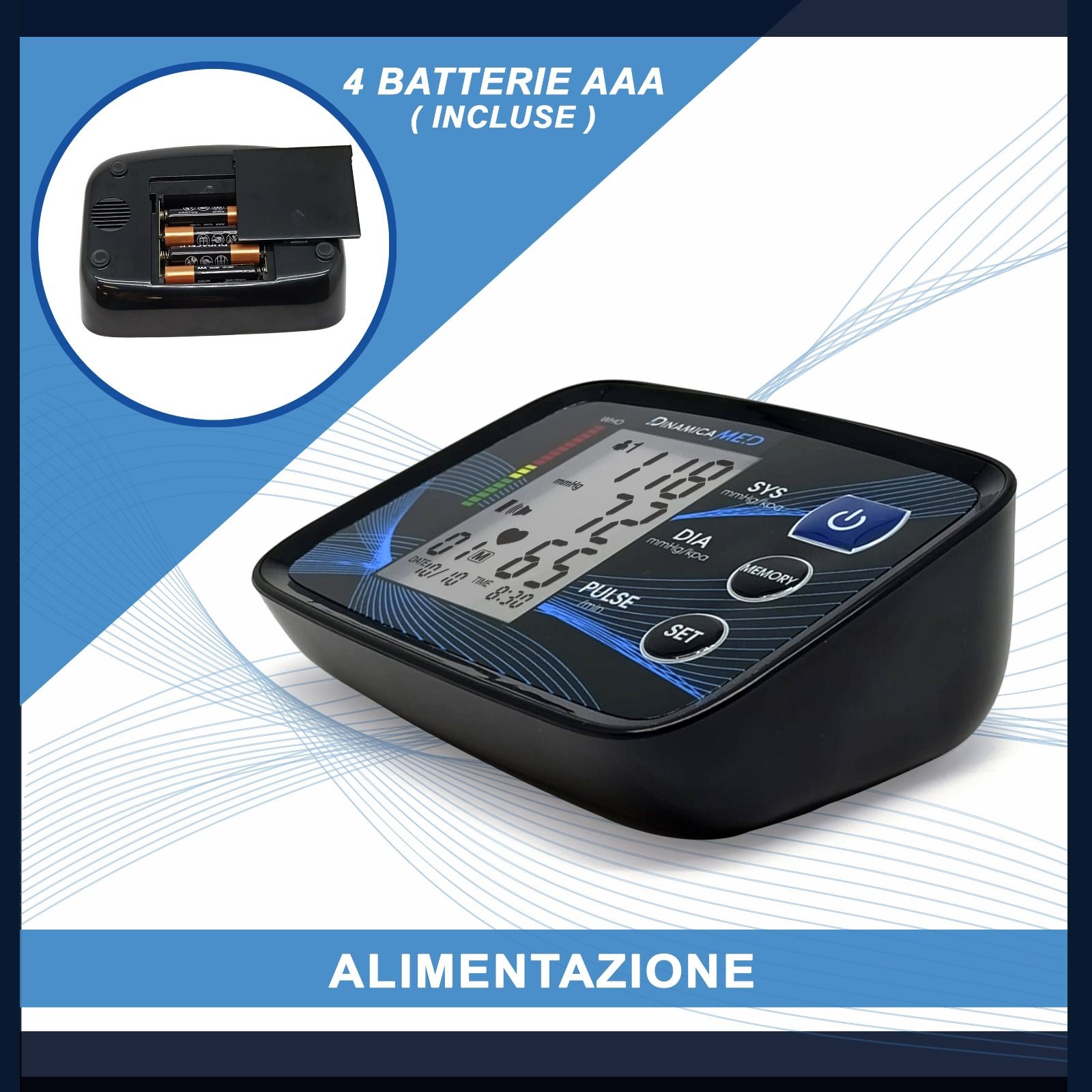 Misuratore di pressione digitale con display LCD che mostra pressione sistolica, diastolica e polso. Include 4 batterie AAA.
