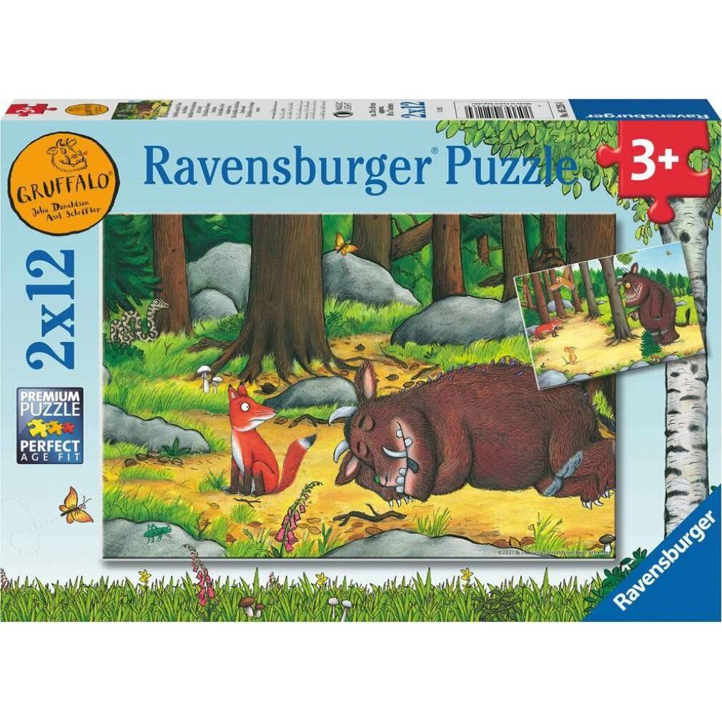 Scatola puzzle 2x12 pezzi. Scena della foresta con volpe e Gruffalo. Logo Ravensburger e raccomandazione d'età 3+.