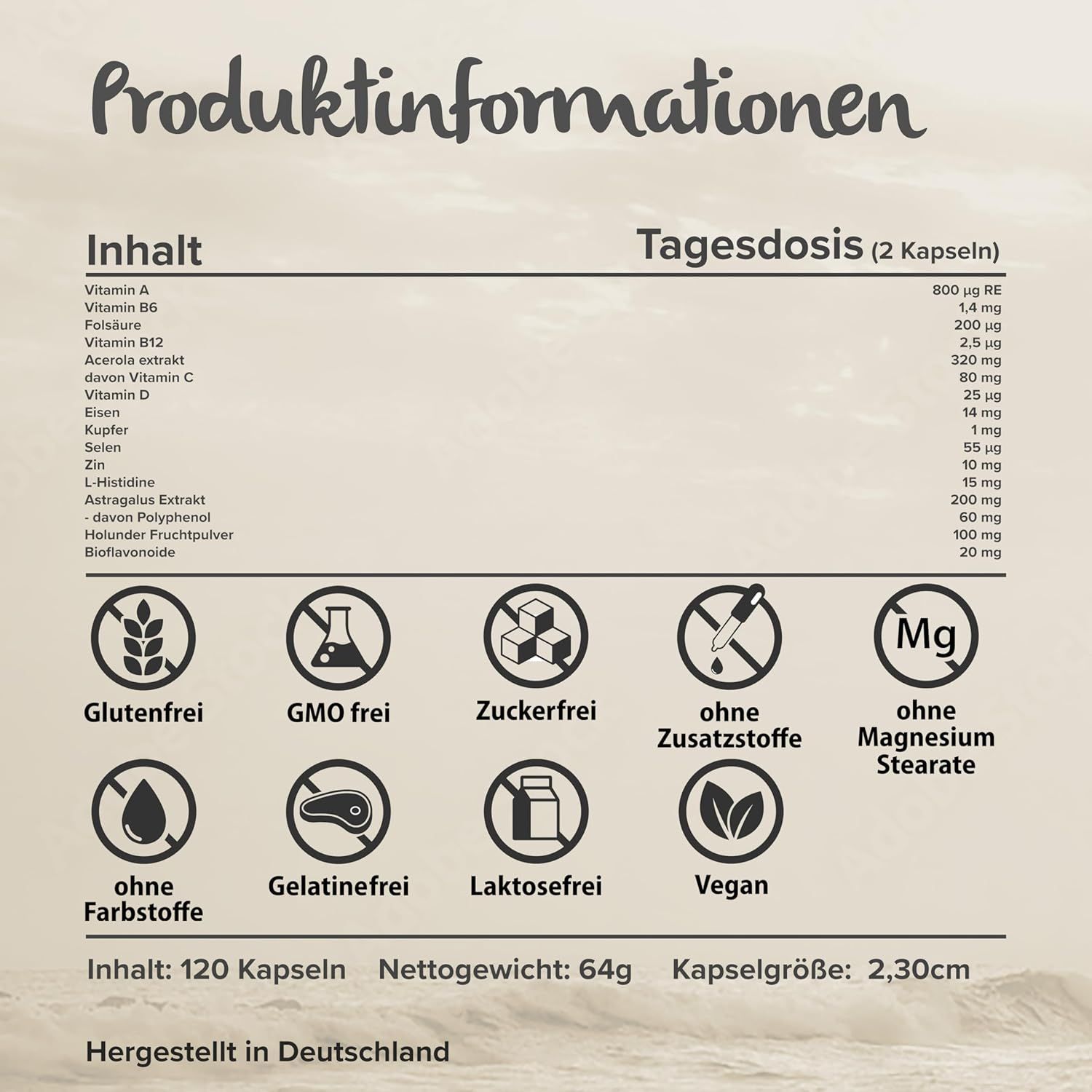 Infografica con informazioni nutrizionali di Surpresa Natural Immun Pro. Contiene informazioni sugli ingredienti e la dose giornaliera.