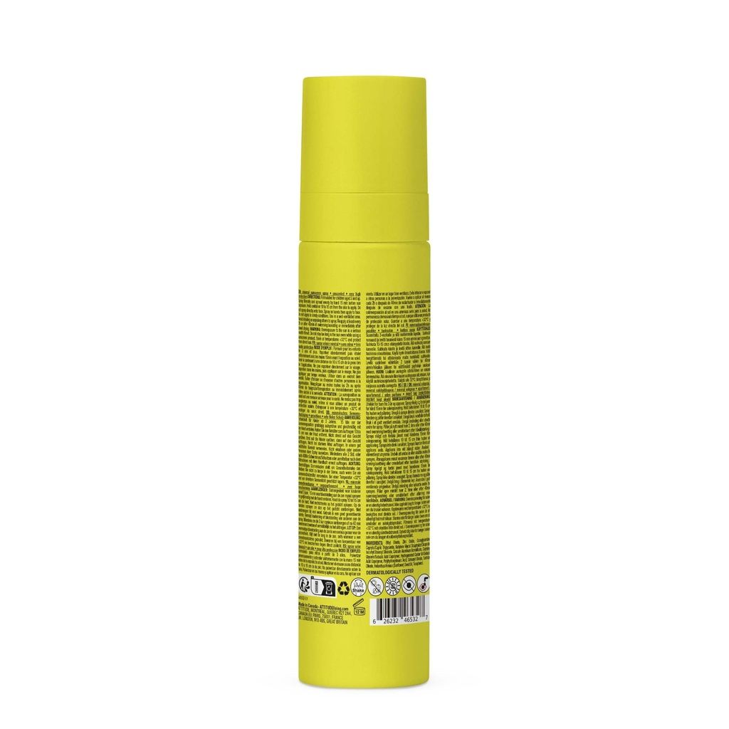 Flacone spray giallo con istruzioni dettagliate e certificazioni.