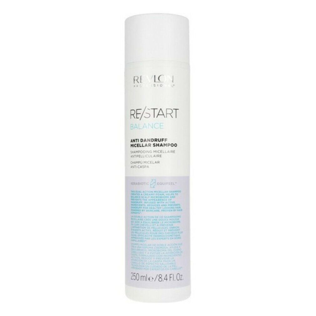 Shampoo bianco con testo blu. Testo: RE/START Balance Anti-forfora Micellar Shampoo. 250 ml/8.4 Fl.Oz.