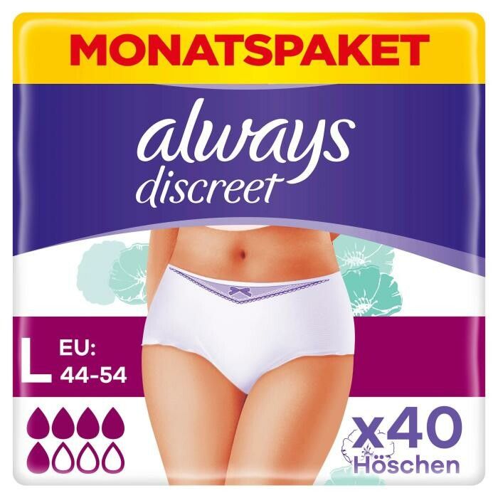 Always Discreet mutandine per incontinenza taglia L, confezione mensile. Mutandine bianche con pizzo blu e fiocco. Confezione da 40 mutandine.