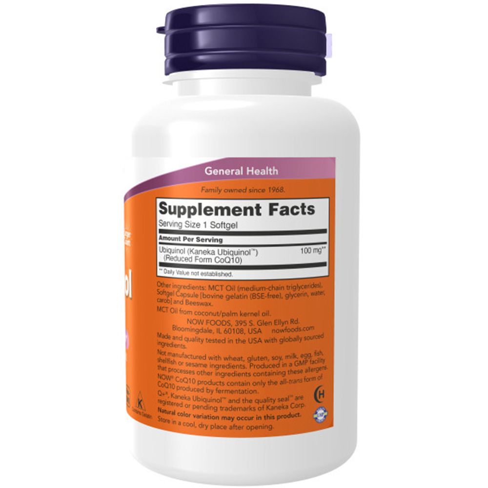 Retro del flacone. Etichetta con informazioni nutrizionali per Ubiquinol. Ingredienti e informazioni produttore. Contenitore bianco, tappo viola.