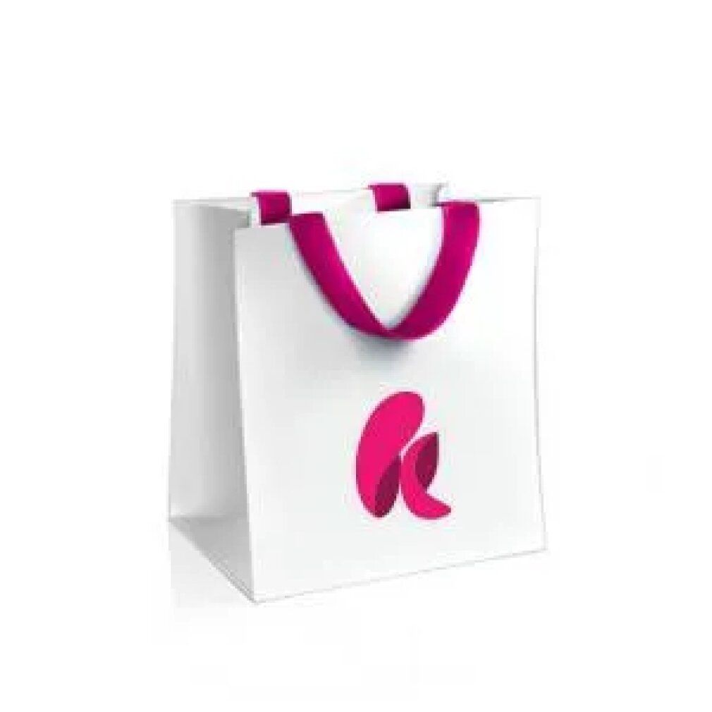 Borsa di carta bianca con manici rosa e logo.