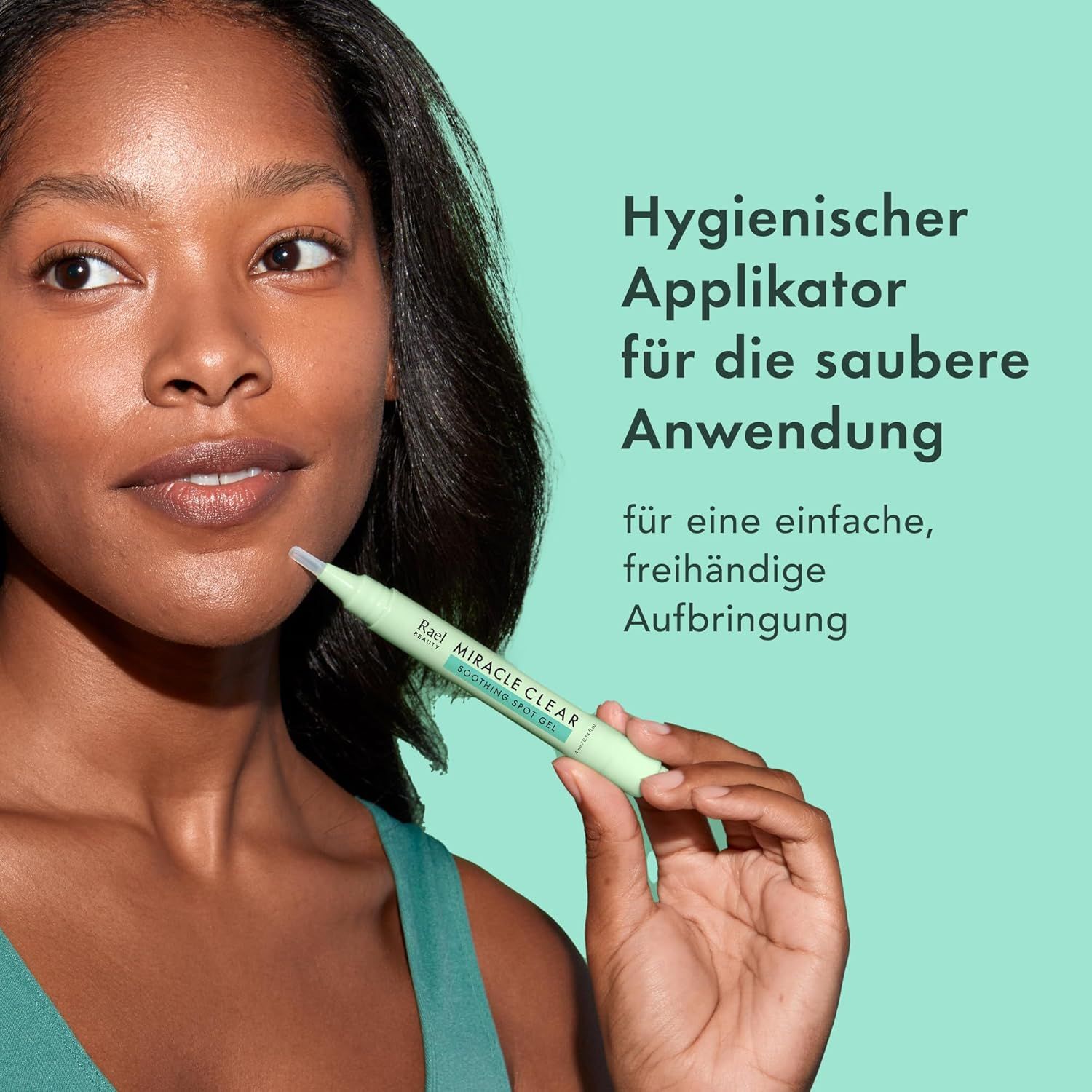 Applicatore verde. Testo: Applicatore igienico per un'applicazione pulita. Per un'applicazione facile e a mani libere.