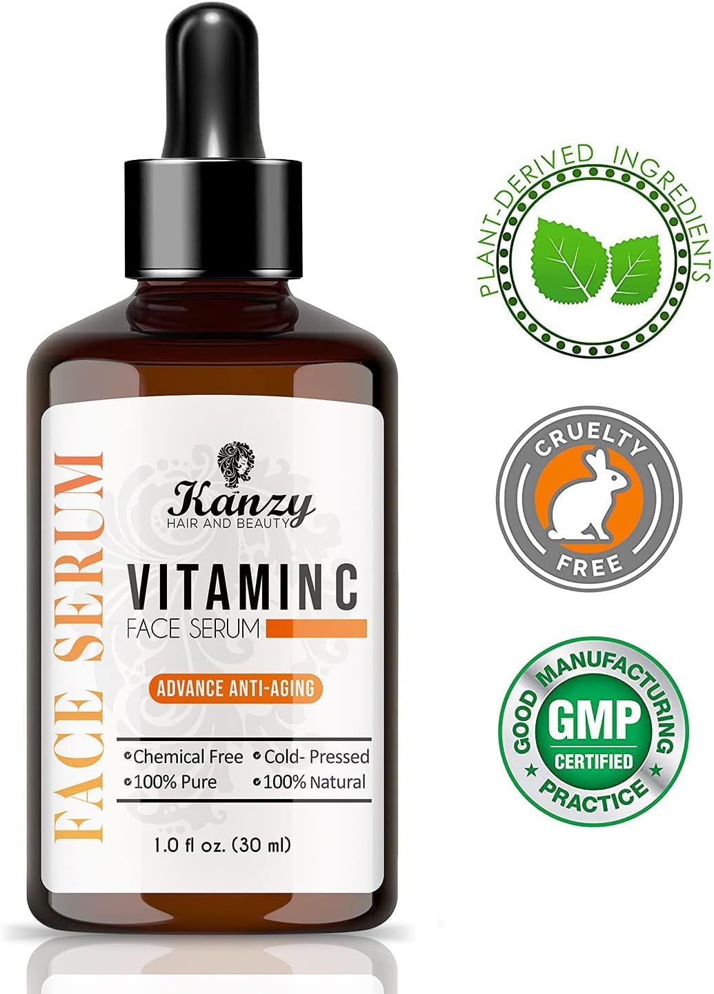 Flacone marrone di siero alla vitamina C Kanzy. Scritta: Face Serum. Con certificazioni: GMP, Cruelty Free.