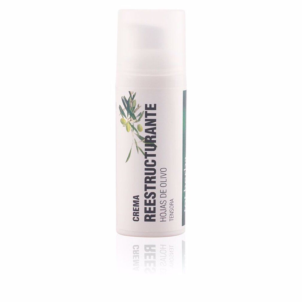 Flacone bianco con scritta "Crema Reestructurante Hojas de Olivo". Illustrazione di ramo d'ulivo. Tappo bianco.