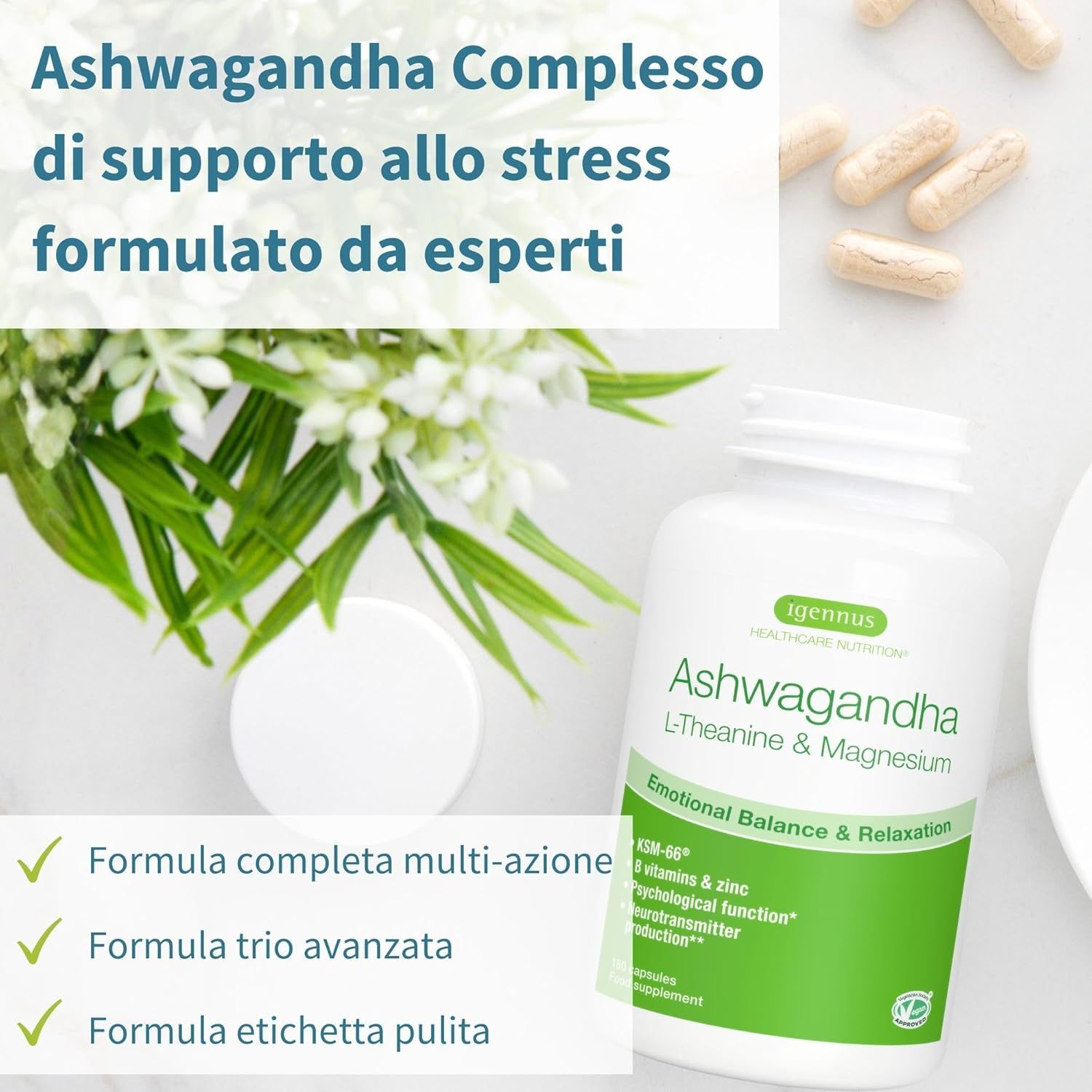 Flacone bianco con capsule. Testo: Ashwagandha, L-Teanina & Magnesio. Verde: Equilibrio emotivo & Relax. Igennus Healthcare Nutrition.