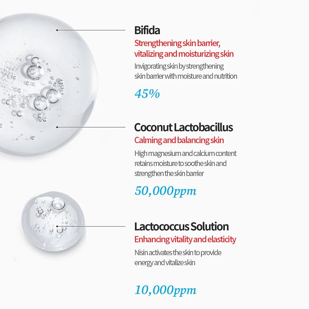 Primo piano di tre gocce di liquido con testo. Il testo mostra ingredienti e concentrazioni.