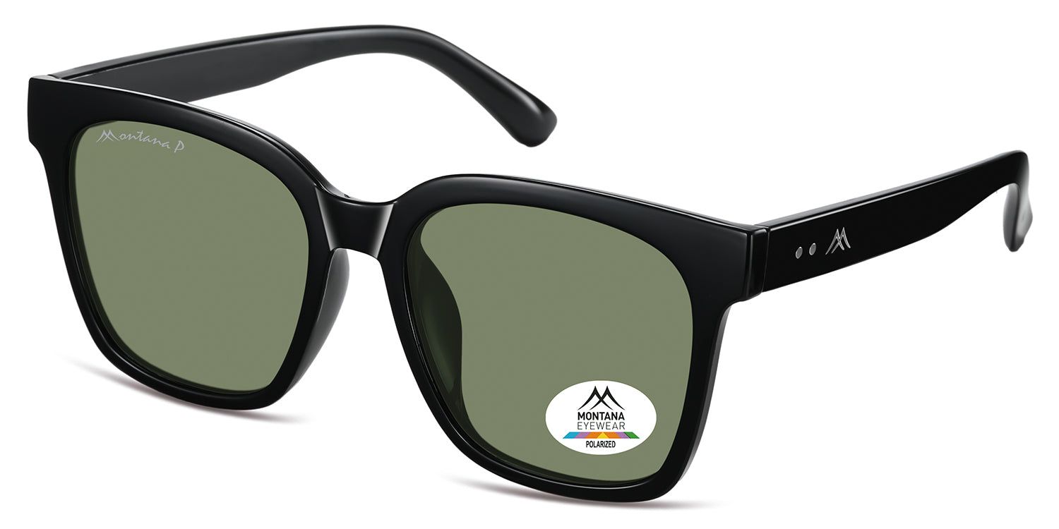 Occhiali da sole neri con lenti verdi. Logo Montana Eyewear sulla stanghetta sinistra e su una lente. Polarizzati.