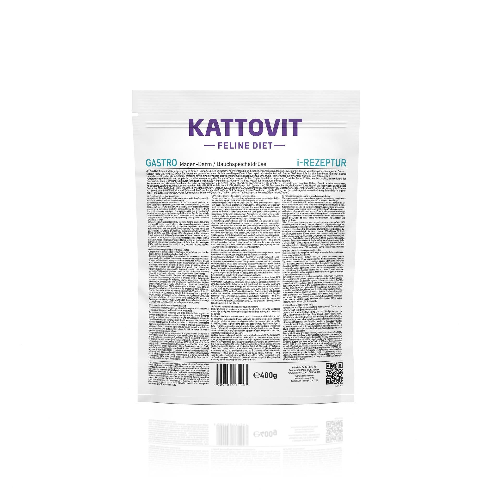 Sacchetto Kattovit Feline Diet Gastro Magen-Darm 400g, vista laterale.
