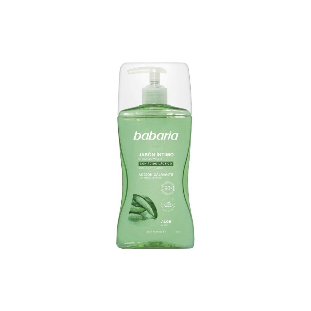 Sapone intimo Babaria all'aloe vera. Flacone verde con dosatore. Scritta: JABÓN ÍNTIMO, aloe, con ácido láctico.