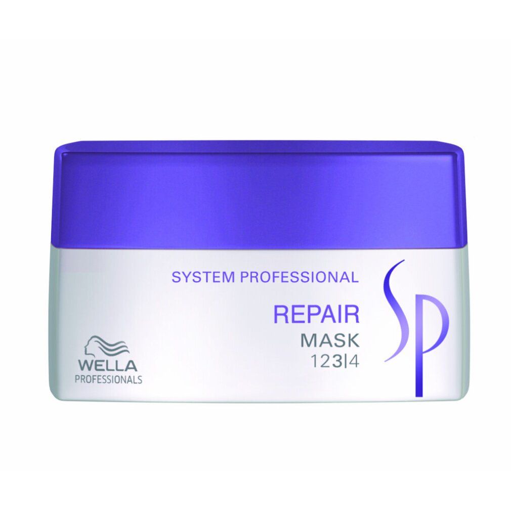Barattolo rettangolare con coperchio viola. Scritta: System Professional Repair Mask. Logo Wella. Barattolo bianco con coperchio viola.