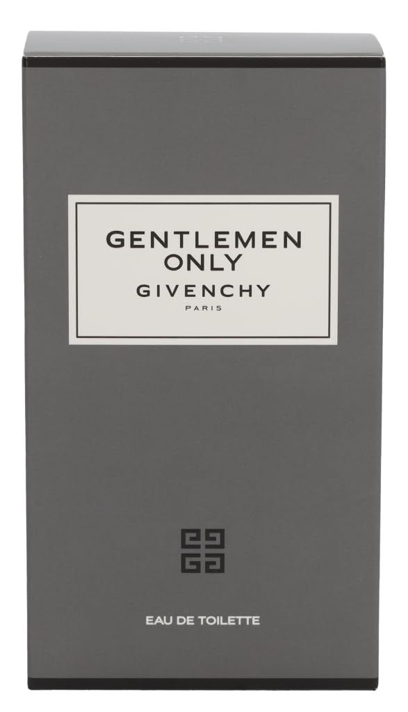 Scatola rettangolare grigia. Scritta: GENTLEMEN ONLY, GIVENCHY, Paris. Sotto: Eau de Toilette. Logo in basso.