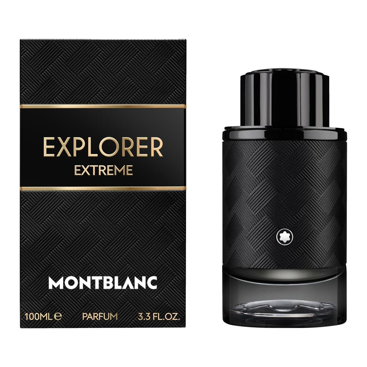 Confezione e flacone neri. Scritta dorata: EXPLORER EXTREME. Flacone con texture intrecciata.